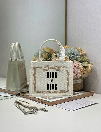 Small Dior Book Tote with Strap Beige, Pink and Black Book Cover Embroidery - 26.5x22x14cm