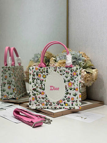 Small Dior Book Tote with Strap White Multicolor Daisy Garden Embroidery with Dior Medaillon - 26.5x22x14cm