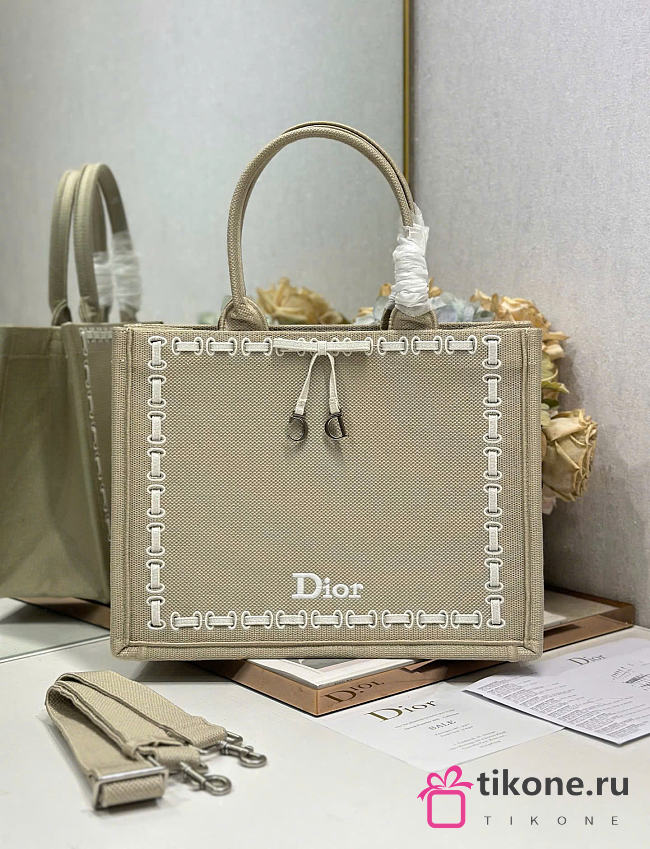 Medium Dior Book Tote with Strap Beige Embroidery and White Woven Grosgrain Ribbon - 36x27.5x16.5cm - 1
