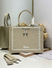 Medium Dior Book Tote with Strap Beige Embroidery and White Woven Grosgrain Ribbon - 36x27.5x16.5cm - 1
