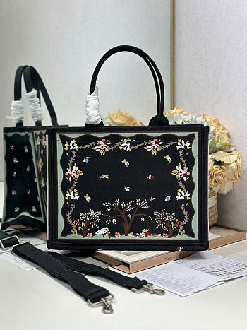 Dioramour Medium Dior Book Tote with Strap Black Multicolor Revolution Flowers Embroidery - 36x27.5x16.5cm