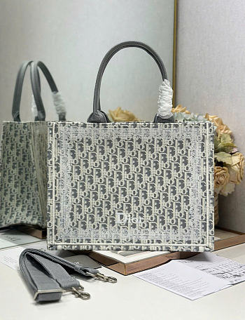Medium Dior Book Tote with Strap Latte and Gray Dior Oblique Embroidery and White Lace - 36x27.5x16.5 cm