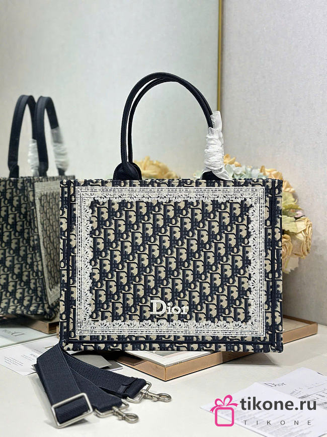 Medium Dior Book Tote with Strap Blue Dior Oblique Embroidery and White Lace - 36x27.5x16.5cm - 1