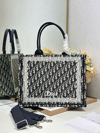 Medium Dior Book Tote with Strap Blue Dior Oblique Embroidery and White Lace - 36x27.5x16.5cm