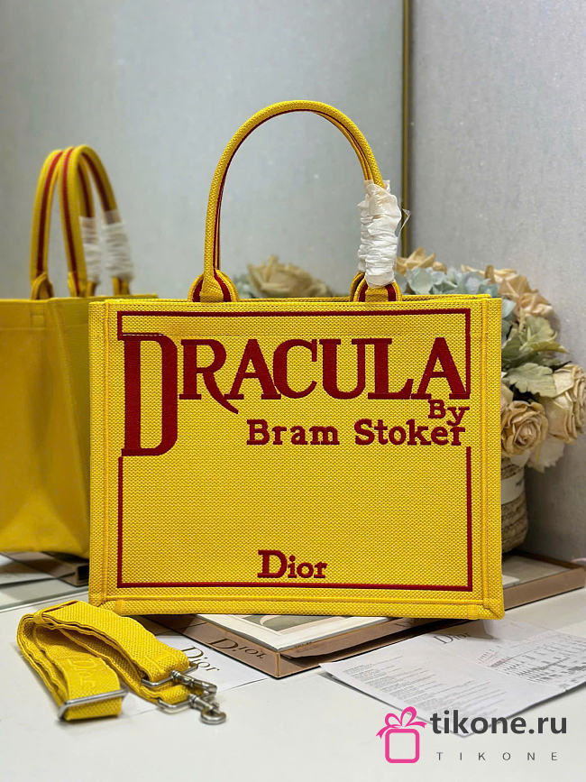 Medium Dior Book Tote with Strap Yellow and Red Book Cover Embroidery - 36x31.5x14cm - 1