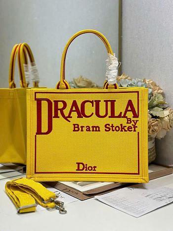 Medium Dior Book Tote with Strap Yellow and Red Book Cover Embroidery - 36x31.5x14cm