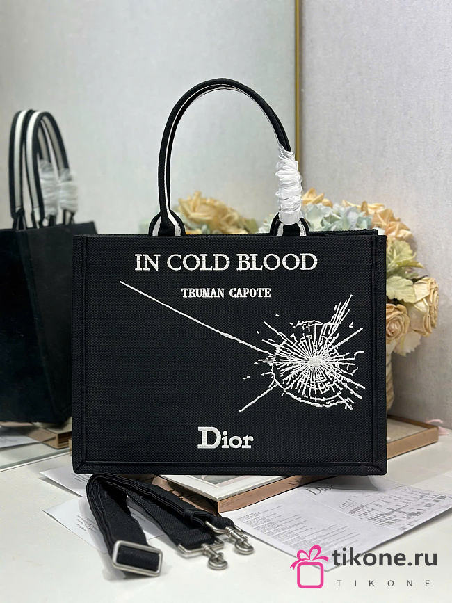 Medium Dior Book Tote with Strap Black and White Book Cover Embroidery - 36x31.5x14cm - 1