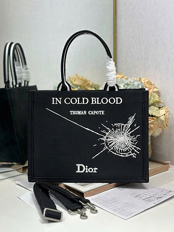 Medium Dior Book Tote with Strap Black and White Book Cover Embroidery - 36x31.5x14cm