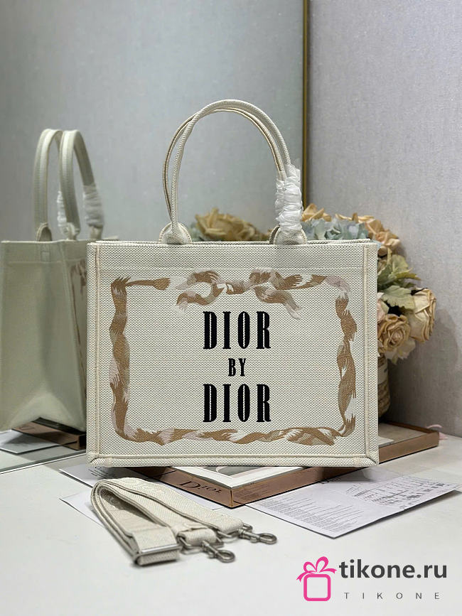 Medium Dior Book Tote with Strap Beige, Pink and Black Book Cover Embroidery - 36x27.5x16.5cm - 1