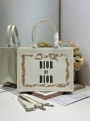 Medium Dior Book Tote with Strap Beige, Pink and Black Book Cover Embroidery - 36x27.5x16.5cm