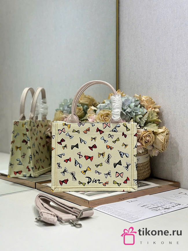 Dioriviera Small Dior Book Tote with Strap Latte Multicolor Dior Bows Embroidery - 26.5x22x14cm - 1