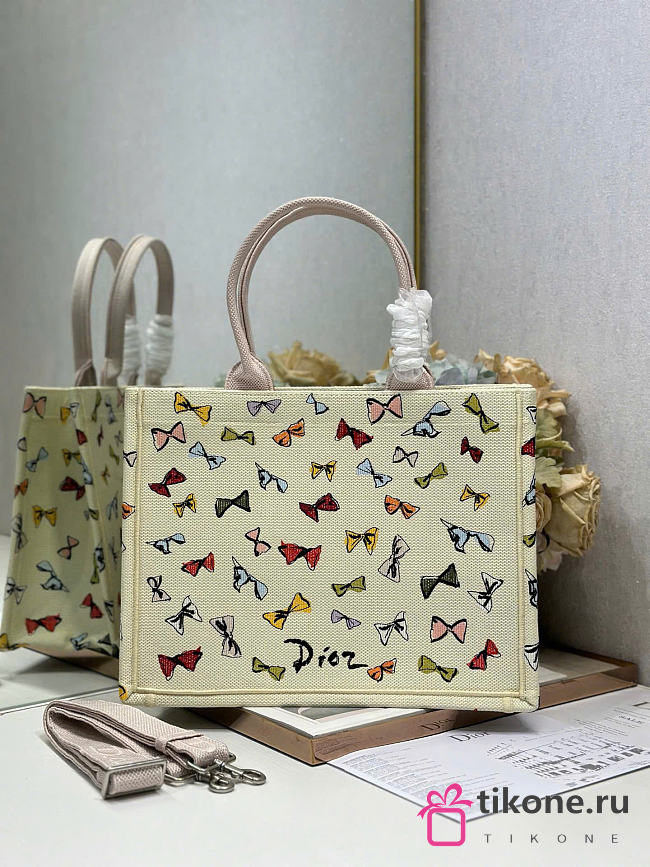 Dioriviera Medium Dior Book Tote with Strap Latte Multicolor Dior Bows Embroidery - 36x27.5x16.5cm - 1