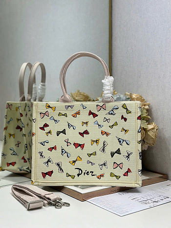 Dioriviera Medium Dior Book Tote with Strap Latte Multicolor Dior Bows Embroidery - 36x27.5x16.5cm