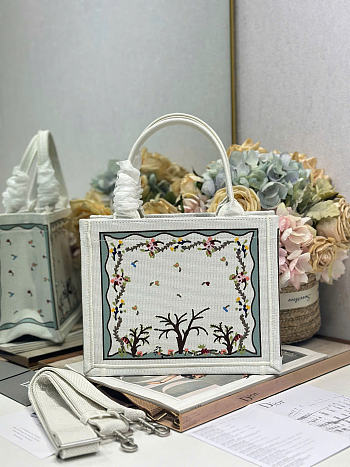 Dioramour Small Dior Book Tote with Strap White Multicolor Revolution Flowers Embroidery M1404PEHX_M933 - 26.5x22x14cm