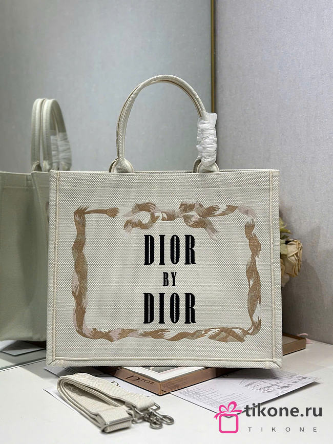 Large Dior Book Tote Beige, Pink and Black Book Cover Embroidery - 42x35x18cm - 1
