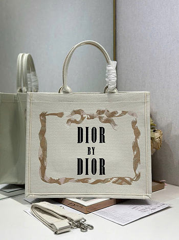 Large Dior Book Tote Beige, Pink and Black Book Cover Embroidery - 42x35x18cm