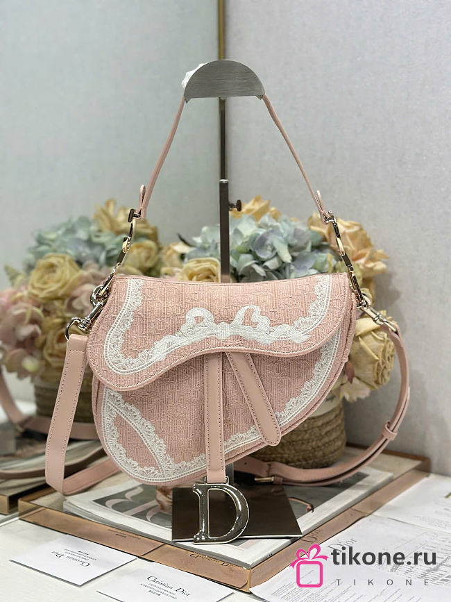 Dioramour Small Saddle Bag with Strap Soupir Pink Dior Oblique Embroidery and White Lace - 20x16x5cm - 1