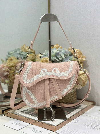 Dioramour Small Saddle Bag with Strap Soupir Pink Dior Oblique Embroidery and White Lace - 20x16x5cm