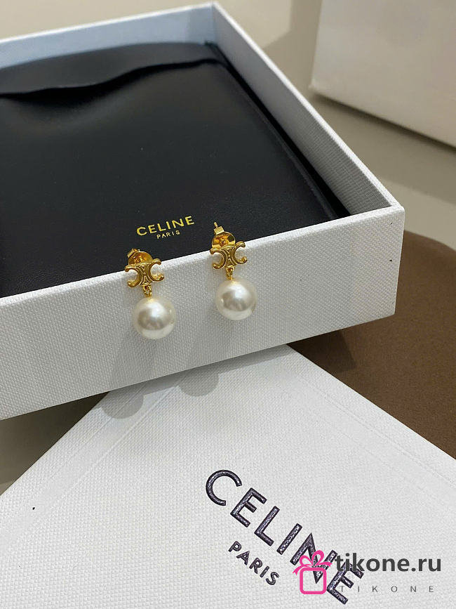 Celine Les Perles Celine Earrings in Brass with Gold Finish and Resin Pearls - 1