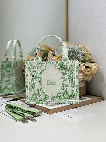 Small Dior Book Tote with Strap Green Multicolor Toile de Jouy Clover Embroidery and White Dior Médaillon - 26.5x22x14cm