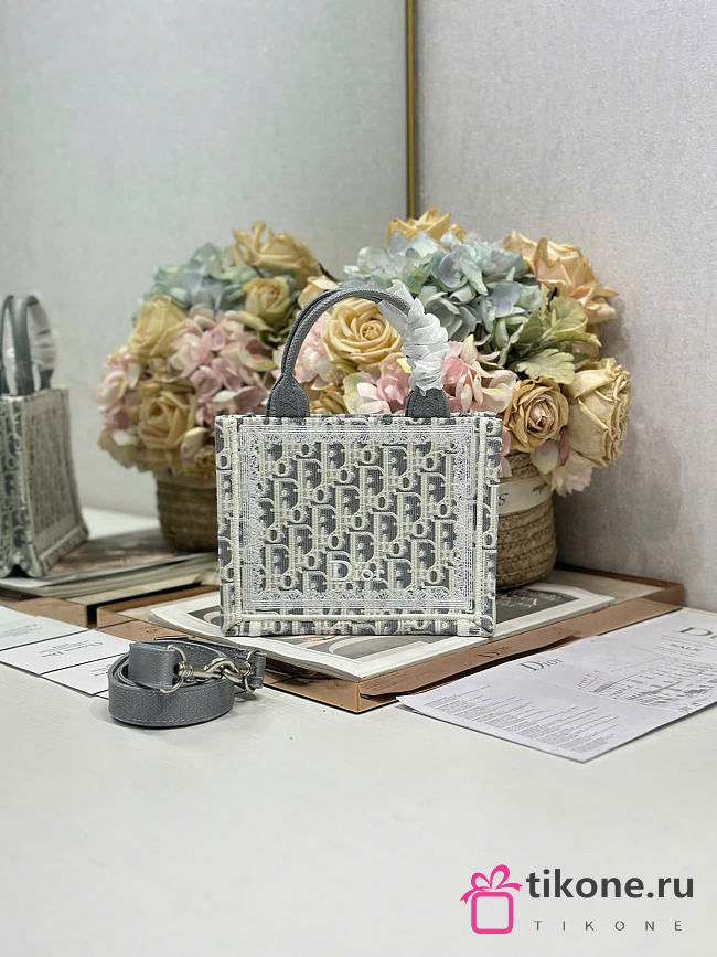 Small Dior Book Tote with Strap Latte and Gray Dior Oblique Embroidery and White Lace - 26.5x22x14cm - 1