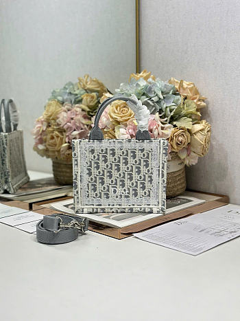 Small Dior Book Tote with Strap Latte and Gray Dior Oblique Embroidery and White Lace - 26.5x22x14cm