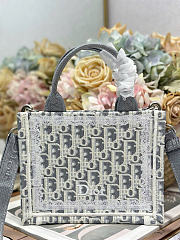 Small Dior Book Tote with Strap Latte and Gray Dior Oblique Embroidery and White Lace - 26.5x22x14cm - 2