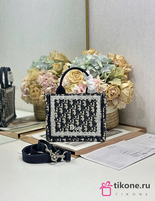 Small Dior Book Tote with Strap Blue Dior Oblique Embroidery and White Lace - 26.5x22x14cm - 1