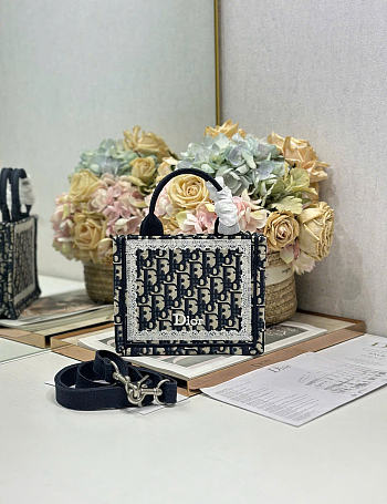 Small Dior Book Tote with Strap Blue Dior Oblique Embroidery and White Lace - 26.5x22x14cm