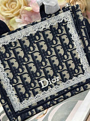 Small Dior Book Tote with Strap Blue Dior Oblique Embroidery and White Lace - 26.5x22x14cm - 5