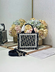 Small Dior Book Tote with Strap Blue Dior Oblique Embroidery and White Lace - 26.5x22x14cm - 2