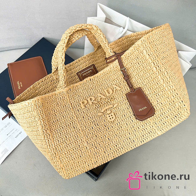 Prada Large Crochet Tote Bag With Leather Details Natural 1BG635 - 35x23.5x22cm - 1