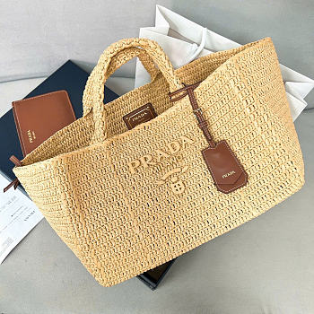 Prada Large Crochet Tote Bag With Leather Details Natural 1BG635 - 35x23.5x22cm