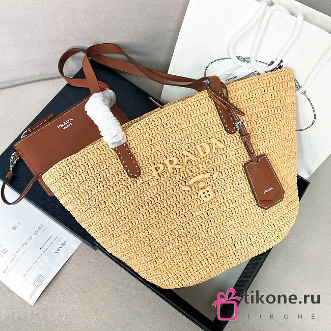 Prada Medium Crochet And Leather Tote Bag Beige/Brandy 1BG653 - 26x24x15cm - 1
