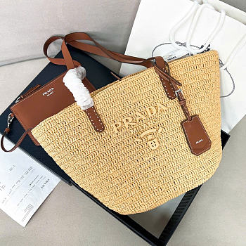 Prada Medium Crochet And Leather Tote Bag Beige/Brandy 1BG653 - 26x24x15cm