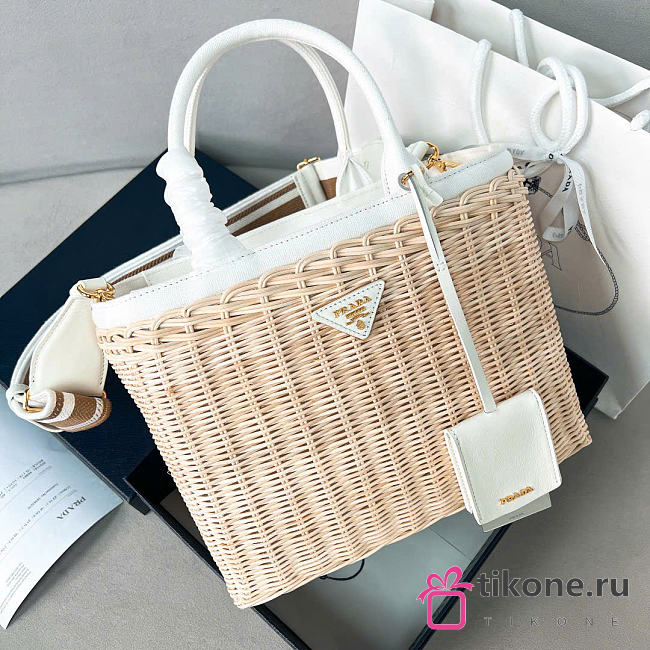Prada Medium Wicker And Linen Blend Tote Bag White 1BG835 - 26x18x11.5cm - 1
