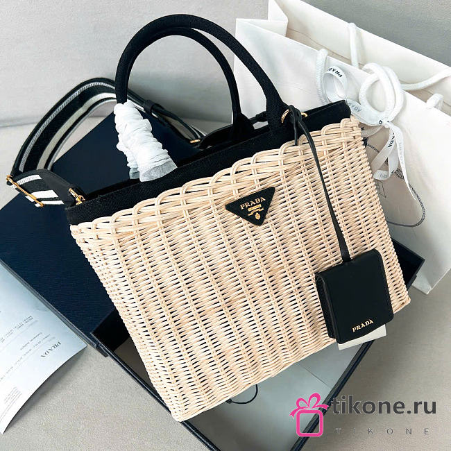 Prada Medium Wicker And Linen Blend Tote Bag Black 1BG835 - 26x18x11.5cm - 1