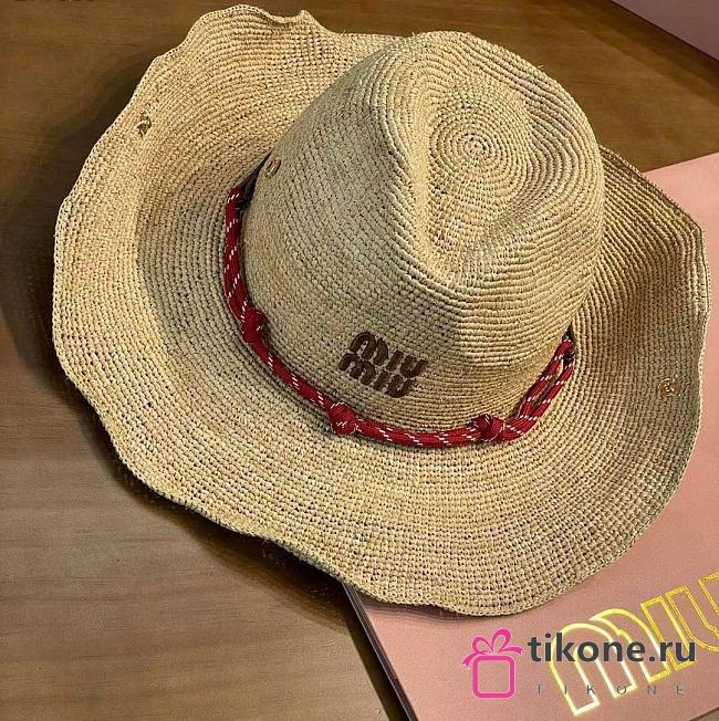 Miumiu Raffia Hat Beige/Burgundy 5HC335 - 1