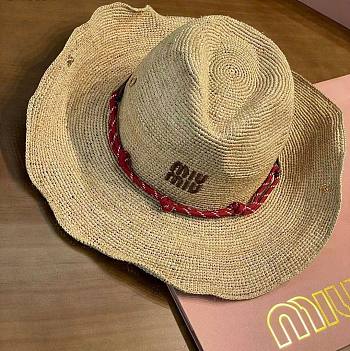 Miumiu Raffia Hat Beige/Burgundy 5HC335