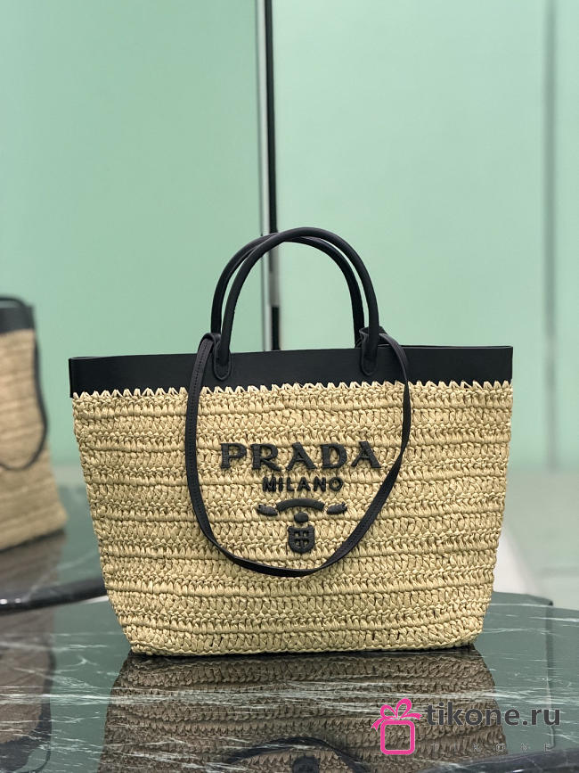 Prada Medium Crochet and Leather Tote Bag Tan/Black 1BG499 - 32x29x16cm - 1
