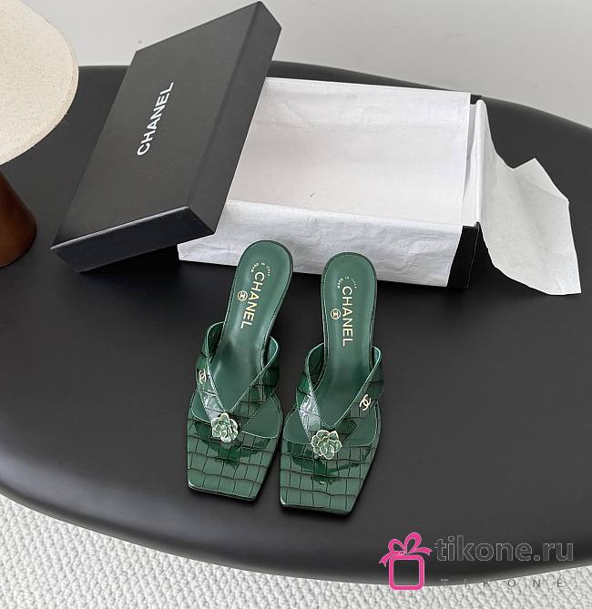 Chanel Mules Crocodile Embossed Patent Calfskin & Metal Dark Green  - 1
