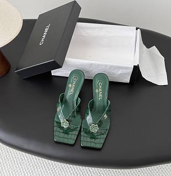 Chanel Mules Crocodile Embossed Patent Calfskin & Metal Dark Green 