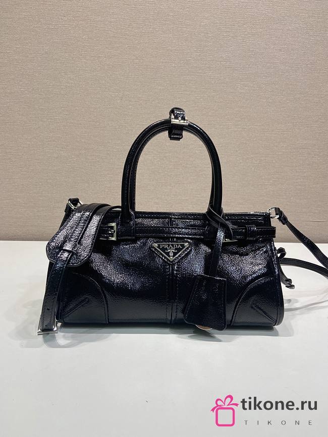 Prada Bonnie Crinkled Patent Leather Mini Handbag Black 1BA486 - 23.5x12x9cm - 1