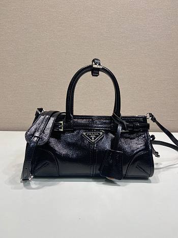 Prada Bonnie Crinkled Patent Leather Mini Handbag Black 1BA486 - 23.5x12x9cm