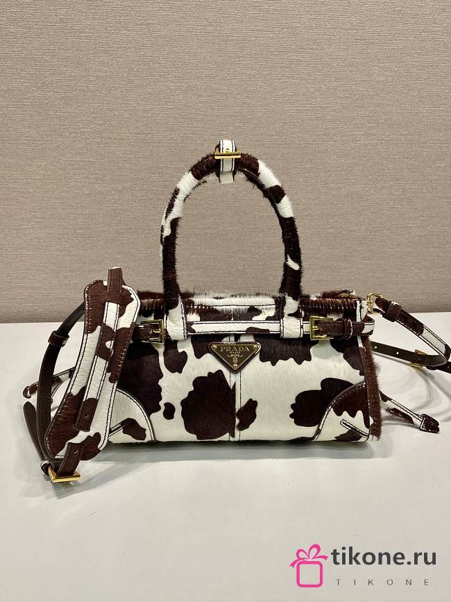 Prada Bonnie Mini Printed Leather Handbag White/Dark Brown 1BA486 - 23.5x12x9cm - 1