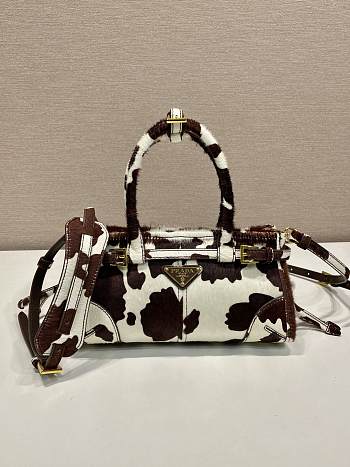 Prada Bonnie Mini Printed Leather Handbag White/Dark Brown 1BA486 - 23.5x12x9cm