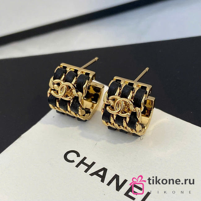 Chanel Hoop Earrings Metal & Lambskin Golden & Black ABH154 - 1