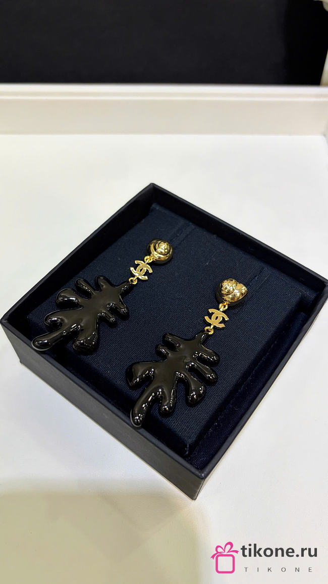Chanel Pendant Earrings Metal & Resin Golden & Black ABH353 - 1