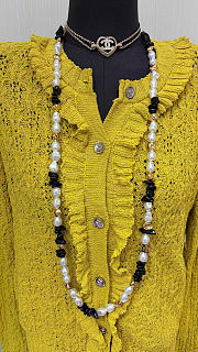 Chanel Long Necklace Metal & Resin Gold, Black & Pearly White ABH361 - 3
