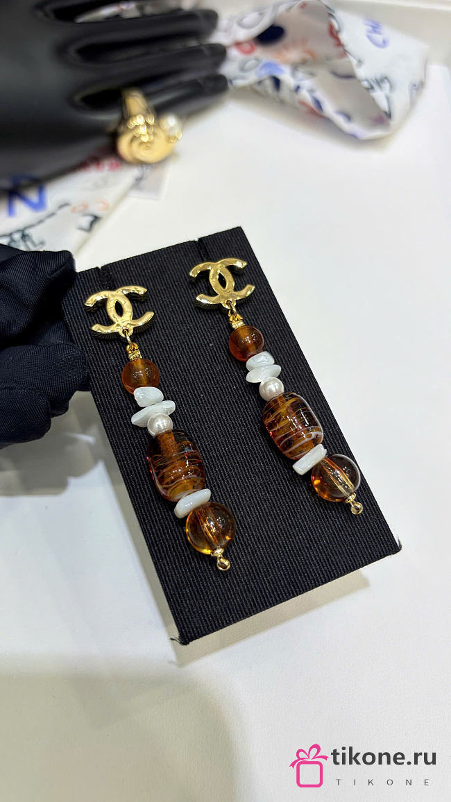 Chanel Pendant Earrings Metal, Glass Pearls, Mother-of-Pearl & Freshwater Pearls Gold, Orange & Pearly White ABH369 - 1